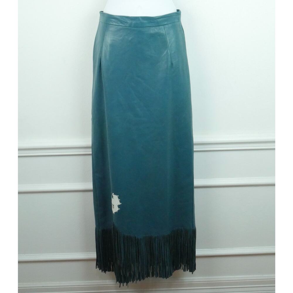 Vintage XS‎ Leather Maxi Skirt Western Fringe Teal Boho Festival Southwestern